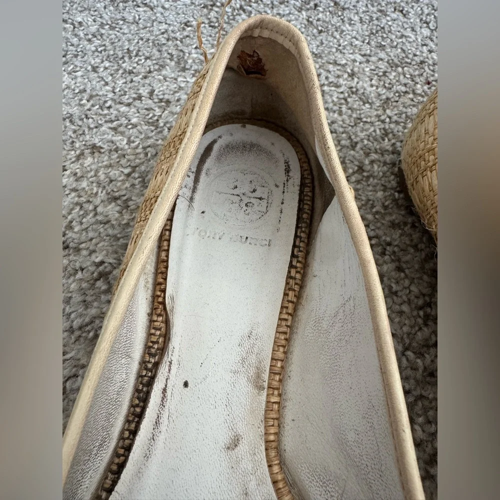 Tory Burch Reva Raffia Ballet Flats | Beige Leather Designer Shoes